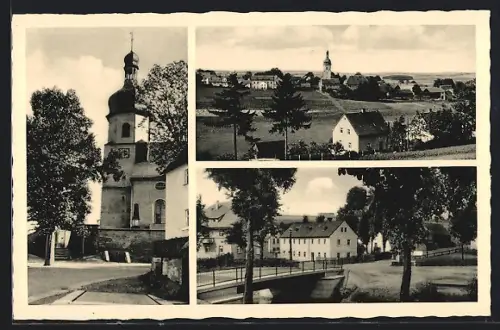 AK Regnitzlosau i. Bayern, Kirche, Brücke, Ortspartie