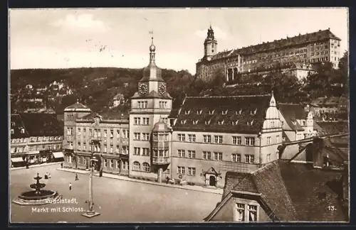 AK Rudolstadt, Markt mit Schloss aus der Vogelschau