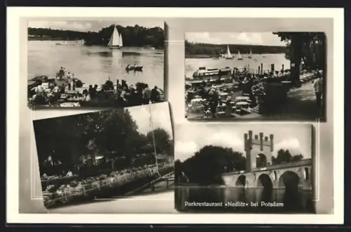 AK Nedlitz bei Potsdam, Parkrestaurant Nedlitz, Uferpartie, Brücke