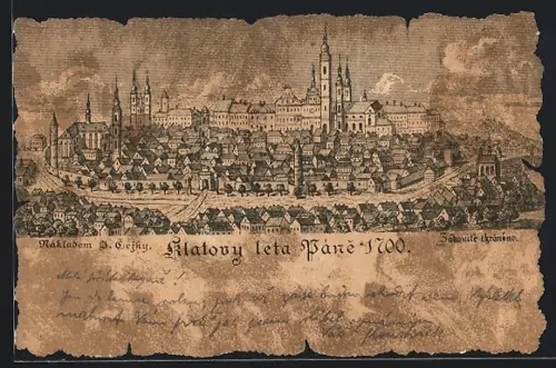 Künstler-AK Klatovy, Teilansicht mit Kirche 1700
