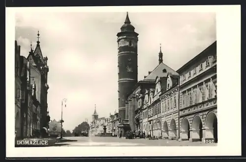 AK Domazlice, Strassenpartie mit Turm