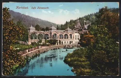 AK Karlsbad, Cafe Kaiserpark mit Flusspartie