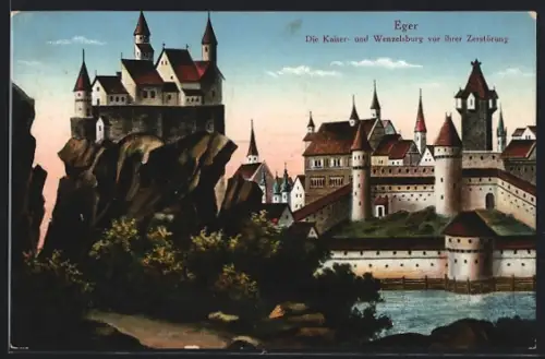 Künstler-AK Eger, Kaiser- u. Wenzelsburg vor ihrer Zerstörung