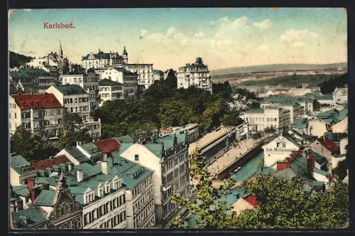 AK Karlsbad, Teilansicht aus der Vogelschau