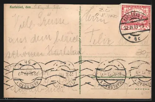 AK Karlsbad, Strassenpartie mit Geschäften u. Promenade aus der Vogelschau