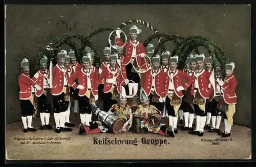 AK München, Schäfflertanz 1907, Gruppenbild der Reifschwung-Gruppe