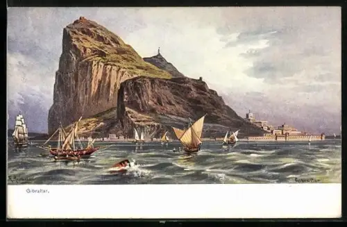 Künstler-AK Friedrich Perlberg: Gibraltar, Felsen im Meer mit Segelbooten