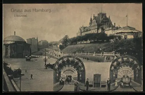 AK Hamburg-St. Pauli, Elbtunnel von aussen und innen