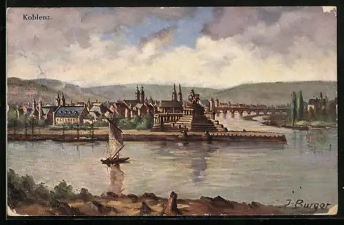 Künstler-AK Koblenz, Deutsches Eck, Denkmal Kaiser Wilhelm