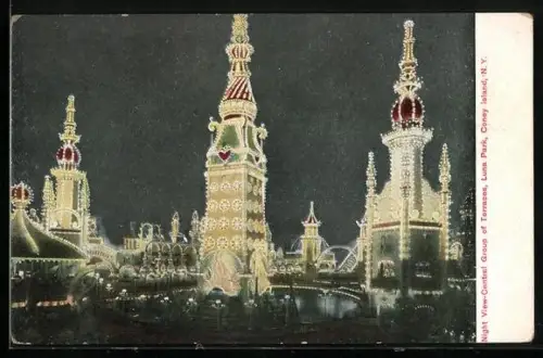 AK Coney Island, NY, Night View, Central Group of Terraces, Luna Park