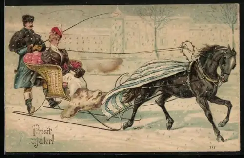 AK Dame im Pferdeschlitten, Neujahrsgruss