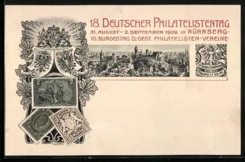 AK Nürnberg, 18. Deutscher Philatelistentag 1906, Wappen, Briefmarken, Ganzsache