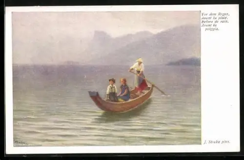 Künstler-AK Josef Straka: Vor dem Regen, Mutter und ihre Kinder in einem Boot