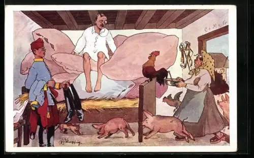 Künstler-AK Fritz Schönpflug: Soldat wacht in einem Stall auf, Bäuerin bringt ihm was zu essen