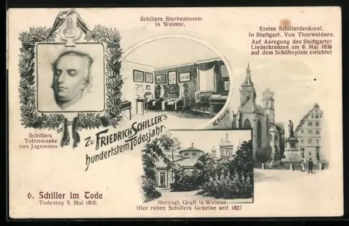 AK Weimar, Sterbezimmer Friedrich Schillers, Schillers Totenmaske, Herzogl. Gruft, zum 100. Todestag