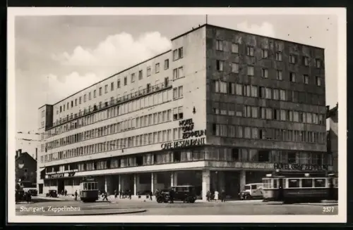 AK Stuttgart, Strassenbahnen, Zeppelinbau, Hotel Graf Zeppelin