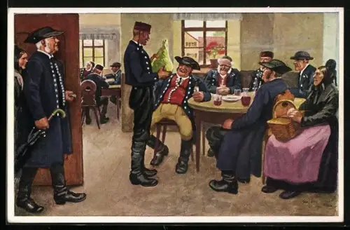 AK Damen u. Herren in schwäbischer Tracht sitzen im Wirtshaus