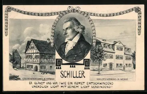 Künstler-AK Weimar / Thüringen, Schillers Geburtshaus in Marbach, Schillers Wohnhaus zu Weimar