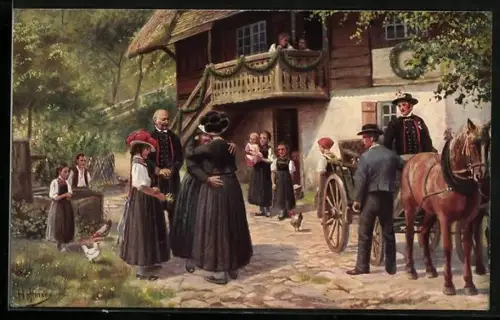 Künstler-AK H. Hoffmann: Abschied vom Elternhaus, Schwarzwälder Tracht