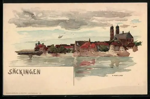 Lithographie Bad Säckingen, Ortsansicht