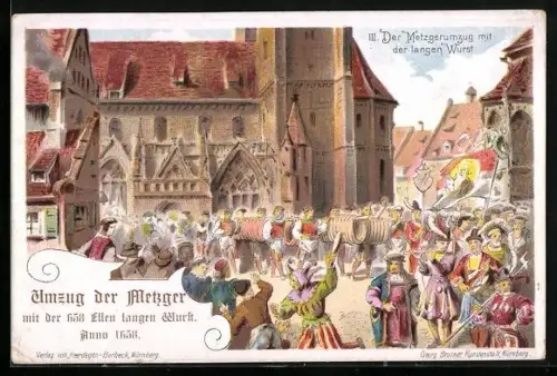 Künstler-AK Nürnberg, Metzgerumzug mit der lagen Wurst