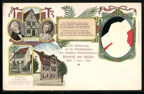 AK Weimar / Thüringen, Schillers Sterbehaus & Elternhaus, Porträt Friedrich von Schiller mit Reichsfahne, Schillerhaus