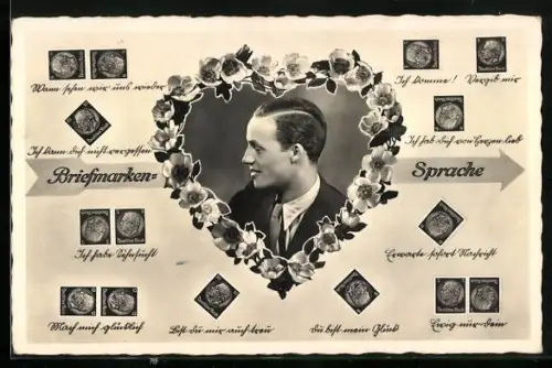 AK Briefmarkensprache, Junger Herr in Blumenherz mit Briefmarken und Sprüchen Vergib mir