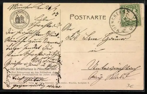 AK München, Schäfflertänzer der Kronengruppe posieren in Uniform, Volkstanz