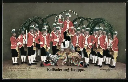 AK München, Schäfflertanz 1907, Gruppenbild der Reifschwung-Gruppe