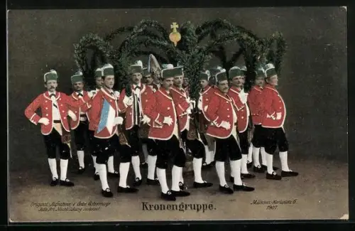 AK München, der Schäfflertanz 1907, Kronengruppe, Schäfflertanzgruppe