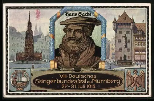 AK Nürnberg, VIII. Deutsches Sängerbundfest 1912, Hans Sachs, Harfe