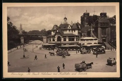 AK Hamburg-St. Pauli, Fährhaus mit Hochbahn und Seewarte, Strassenbahn und Pferdekutschen