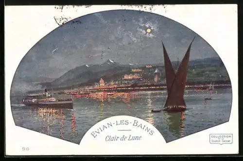 AK Evian-les-Bains, Clair de Lune, Segelboot und Dampfschiff