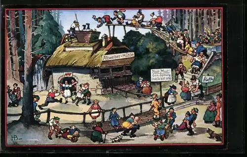 Künstler-AK Hans Boettcher: Märchen v. d. Altweibermühle, alte Frauen rein & junge raus