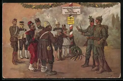 Künstler-AK Toni Aron: deutsche Soldaten in Uniform weisen Ausländer ab, Propaganda 1. Weltkrieg