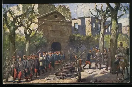 Künstler-AK W. Bürger: Longwy, Gefangennahme der Besatzung, 26. August 1914 durch die Armee des Kronprinzen Wilhelm