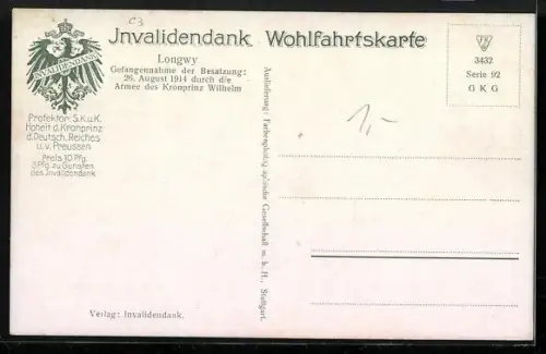 Künstler-AK W. Bürger: Longwy, Gefangennahme der Besatzung, 26. August 1914 durch die Armee des Kronprinzen Wilhelm