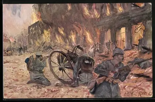 Künstler-AK Max Rabes: Strassenkampf in Hohenstein