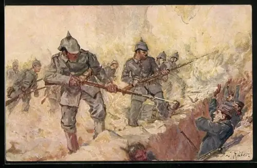 Künstler-AK Max Rabes: Deutsche Soldaten bei der Eroberung eines französischen Schützengrabens