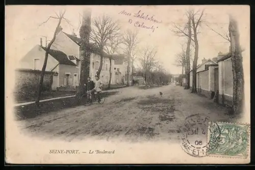 AK Seine-Port, Le Boulevard avec cycliste et chien en promenade