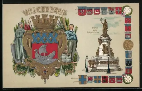 AK Paris III, Ville de Paris, Statue de la Republique, Wappen, Segelschiff