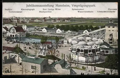 AK Mannheim, Jubiläumsausstellung, Vergnügungspark mit Teichrestaurant, Sunlight und Kinematograph