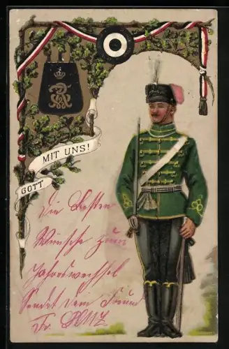 Künstler-AK Soldat in Uniform mit Waffe, Gott mit uns