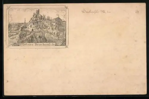 Vorläufer-Lithographie Ganzsache PP6 F38 /02: Drachenfels, 1885, Blick auf das Plateau Drachenfels mit Gasthof