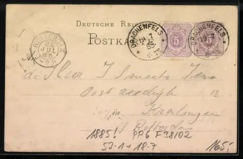 Vorläufer-Lithographie Ganzsache PP6 F38 /02: Drachenfels, 1885, Blick auf das Plateau Drachenfels mit Gasthof