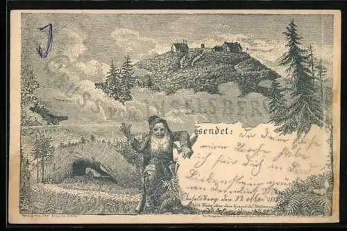 Vorläufer-Lithographie Ganzsache PP6 F76 /024: Inselsberg, 1888, Totalansicht mit Thorstein, Zwerg im Vordergrund
