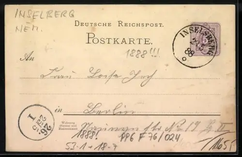 Vorläufer-Lithographie Ganzsache PP6 F76 /024: Inselsberg, 1888, Totalansicht mit Thorstein, Zwerg im Vordergrund