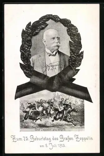 AK Ganzsache PP27 C189: 75. Geburtstag des Grafen Zeppelin 1913, Porträt im Lorbeerkranz