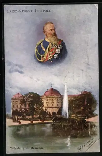 Künstler-AK Ganzsache PP10 D1 /03: Würzburg, Portrait von Prinzregent Luitpold, Residenz