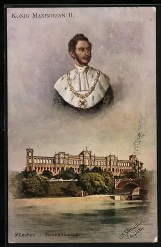 Künstler-AK Ganzsache PP10 D1 /05: München, Maximilianeum, König Maximilian II. von Bayern